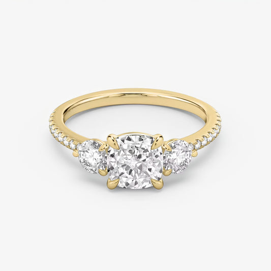 Three Stone Engagement Ring Pave in Cushion