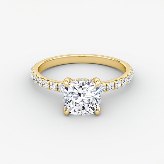 The Classic Hidden Halo Cushion Engagement Ring in Pave Standard Band